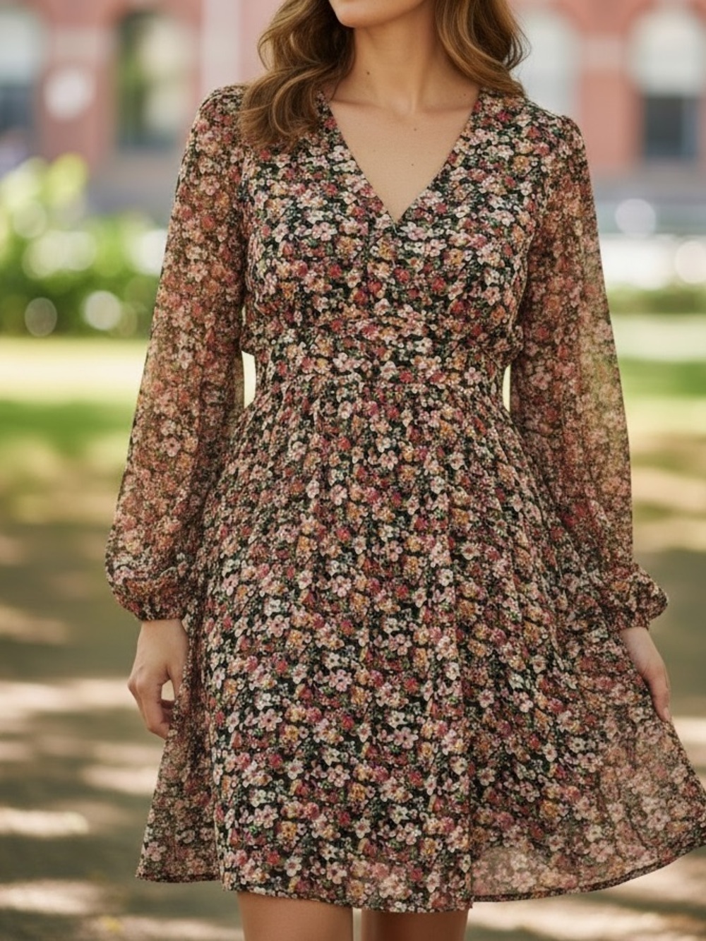 Skies Are Blue Floral Long Sleeve V-Neck Dress - Black Multi size 2x elastic